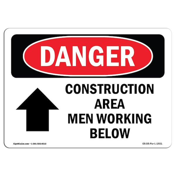 Safety Sign, OSHA Danger, 7" Height, Aluminum, Construction Area Men Working Above, Landscape